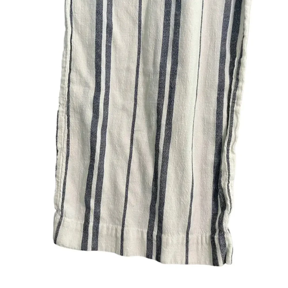 H&M Womens Pants Size 2 Blue White Striped Wide Leg Cropped Linen Blend Coastal